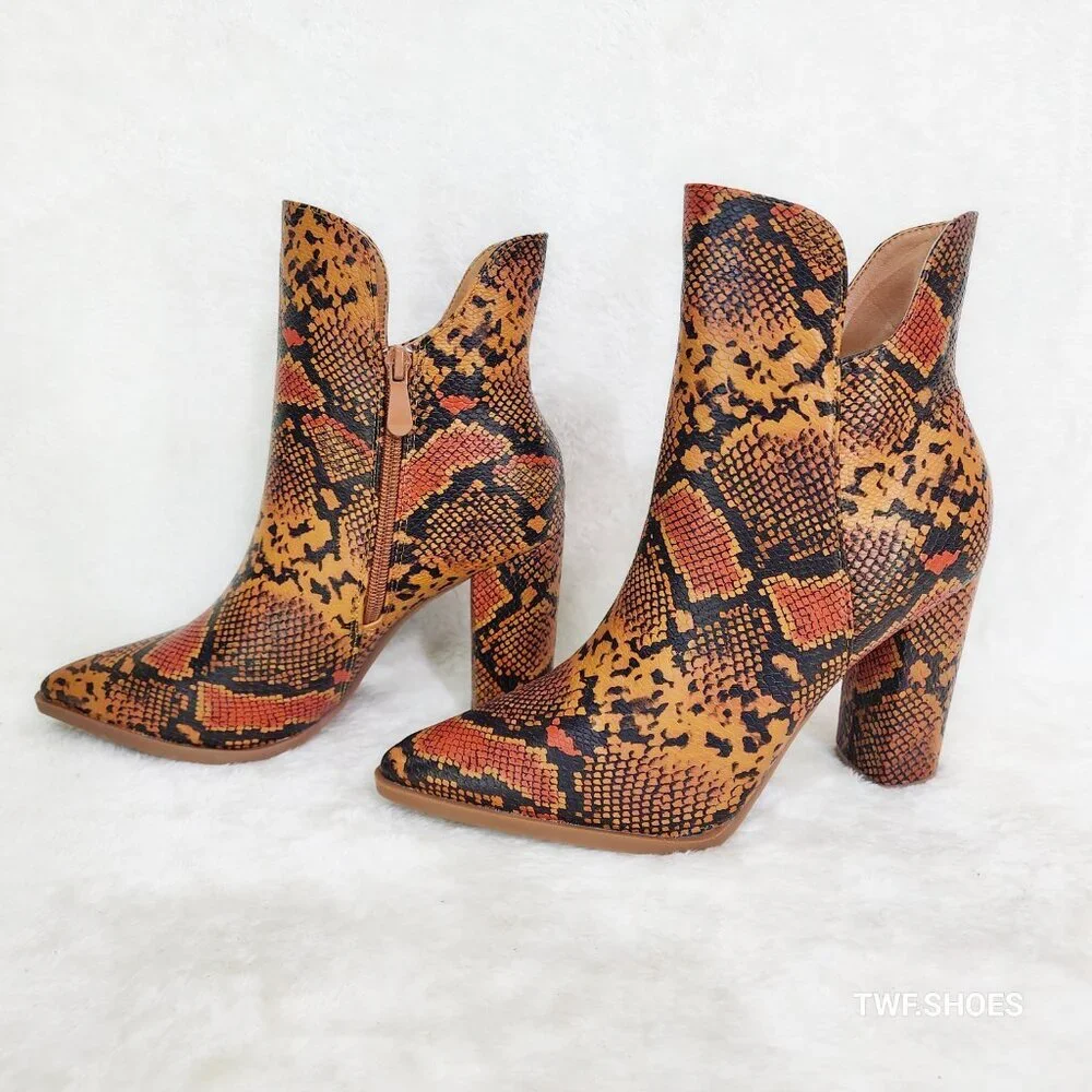 Orange Tan Multi Boa Snake 3.75" Block Heel Ankle Boots